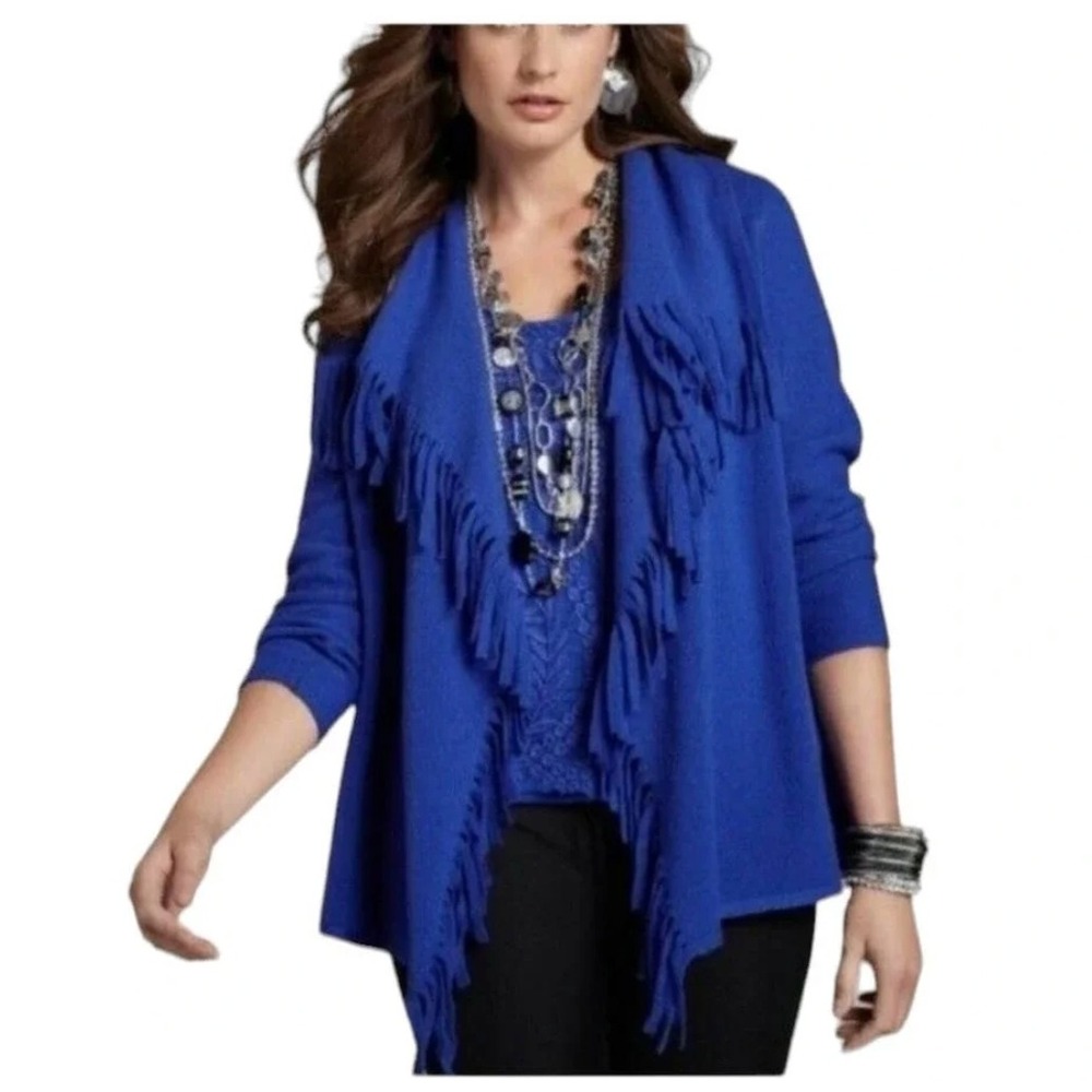 Chico's Wool Cardigan Fringe Cobalt Blue Open Front Waterfall Sweater